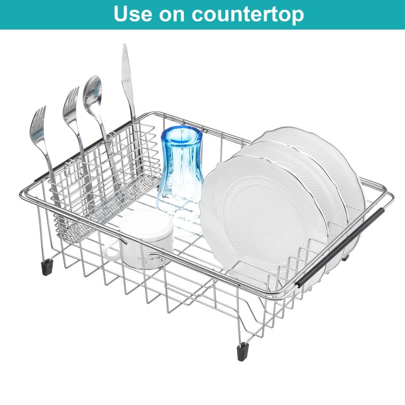 iPEGTOP Expandable Dish Drying Rack Over Sink, Rustproof Stainless Steel Dish Drying Rack Basket Shelf, Multifunctional Dish Drainer Organizer with Utensil Cutlery Holder - Image 3